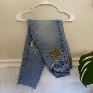 Medium Wash High-rise Patchwork Jeans with Frayed Hem